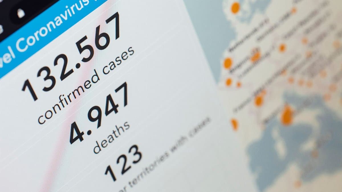 Screen displaying COVID-19 cases and deaths statistics with map.