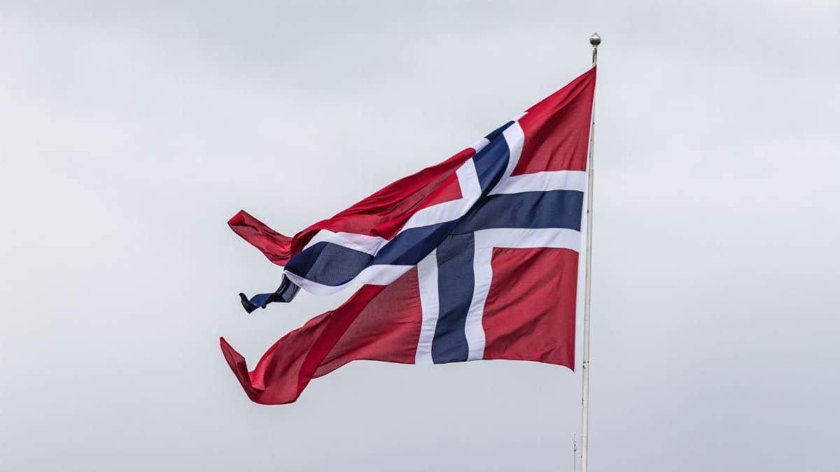 Vibrant Norwegian flag waving on a flagpole against a neutral cloudy sky, symbolizing national pride.