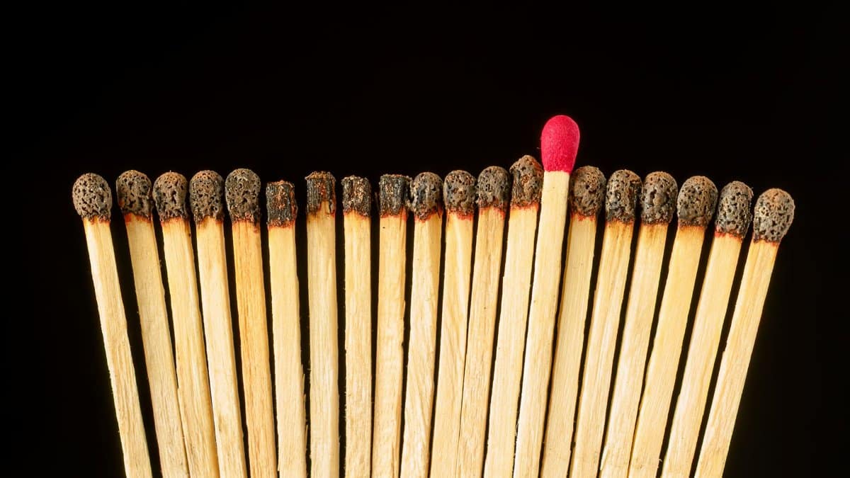 A standout red-tipped match among burnt ones, symbolizing uniqueness and individuality.