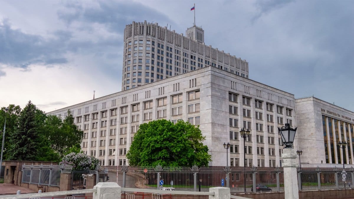 A view of the Russian White House, a prominent government building in Moscow, Russia.
