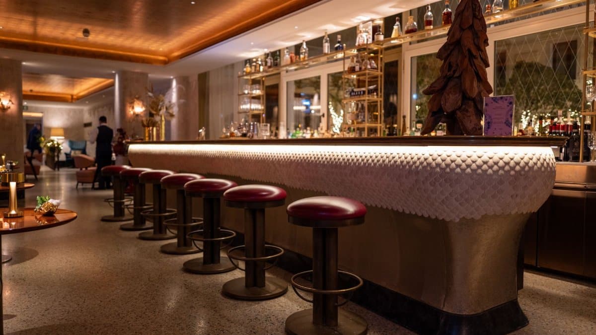 Explore the luxurious ambiance of a hotel bar with elegant seating and sophisticated decor.