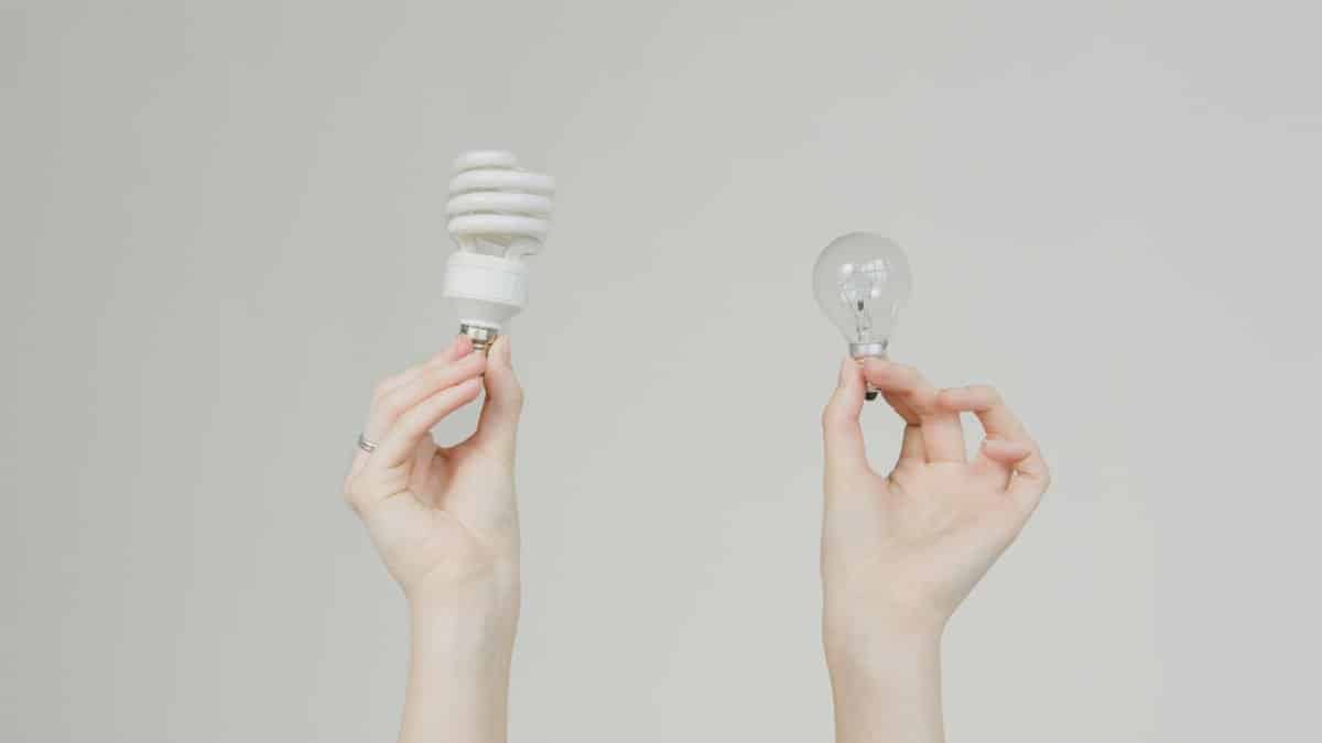 Hands hold incandescent and spiral light bulbs, symbolizing energy efficiency.