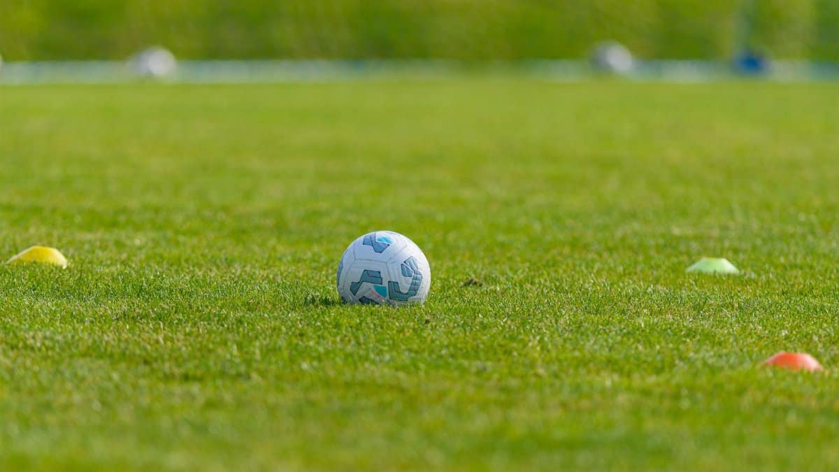 Soccer ball on a vibrant green grass field surrounded by colorful training cones, ideal for sports and recreation themes.