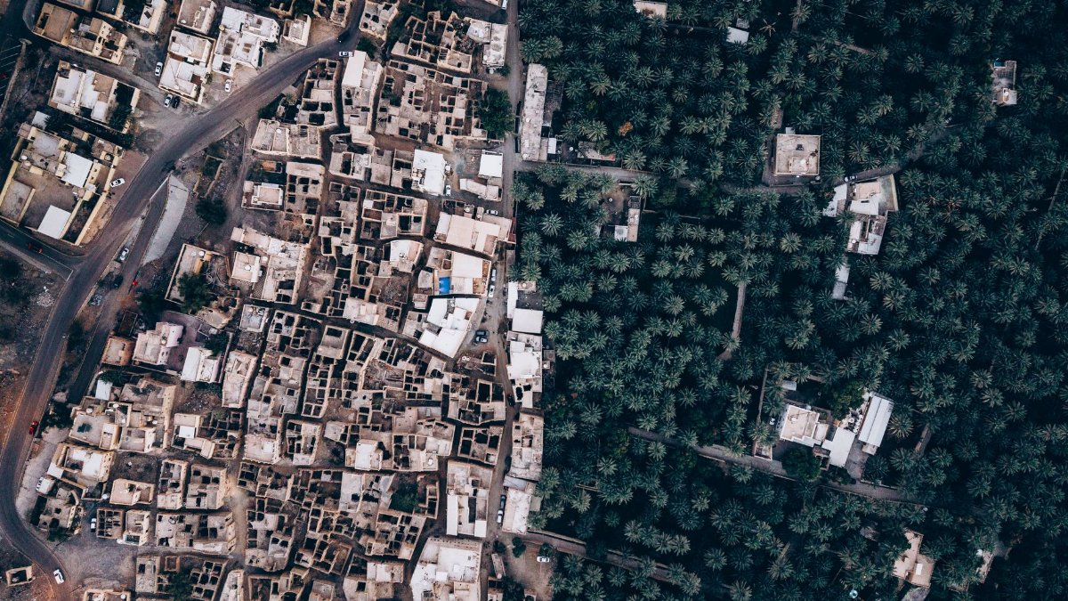Stunning aerial capture of traditional mud houses and lush palm groves in Oman, showcasing a striking urban and natural contrast.