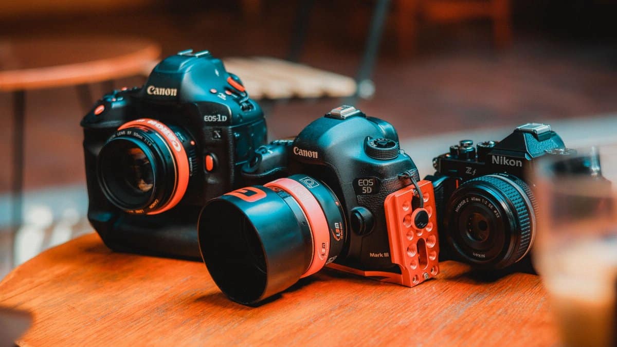 Three professional DSLR cameras displayed on a wooden surface in a warm setting.