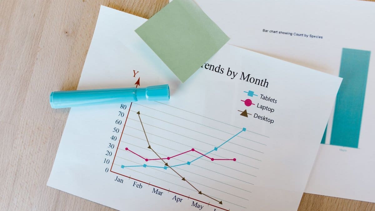 Desk with colorful graphs, sticky notes, and a marker, perfect for data analysis themes.