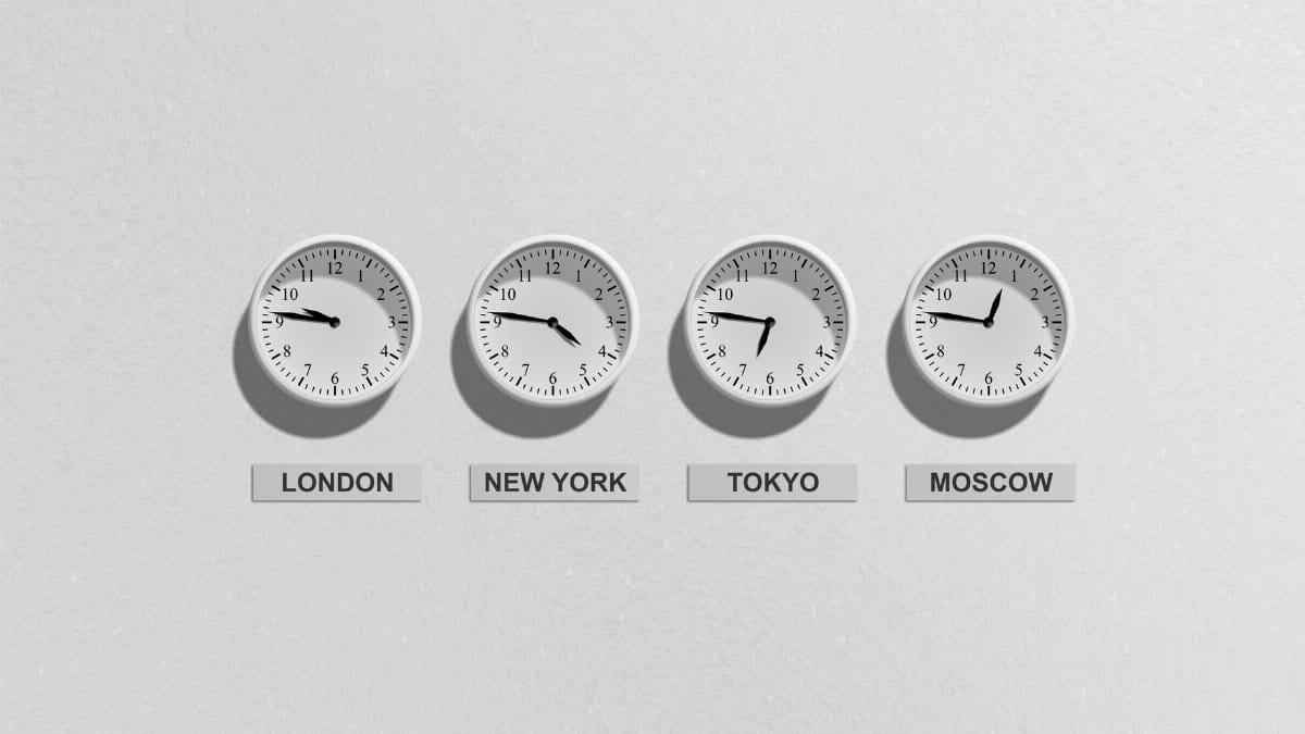 Four wall clocks showing different time zones for London, New York, Tokyo, and Moscow.