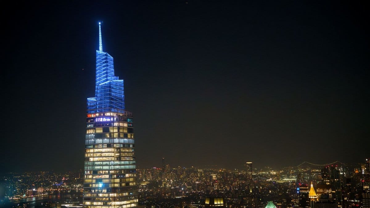 Stunning night view of One Vanderbilt skyscraper illuminated in New York City.