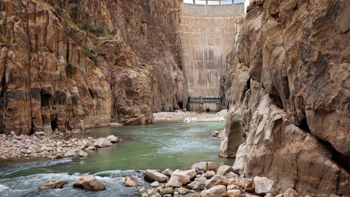 Scenic view of Buffalo Bill Dam in the rocky canyon near Cody, Wyoming.