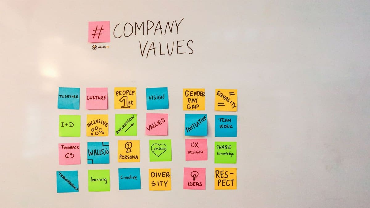 A whiteboard with colorful sticky notes displaying various company values and themes.