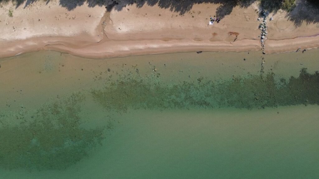 Drone captures sandy beach and clear water along the scenic Lake Michigan shoreline in Bliss, Michigan.