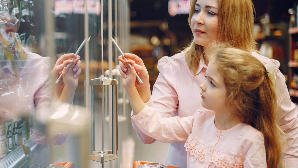 A mother and daughter exploring product options in a supermarket aisle.