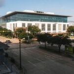 Daytime view of a modern office building in downtown Houston, Texas.