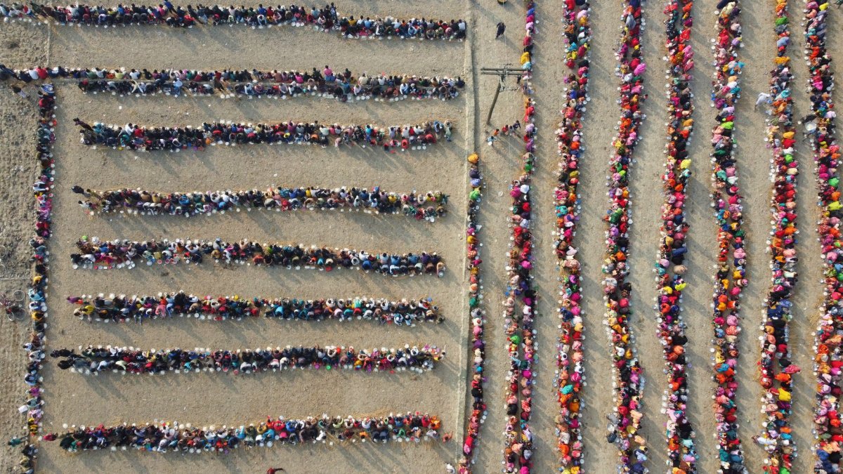 Aerial shot of colorful people patterns outdoors in Bogura, Bangladesh.