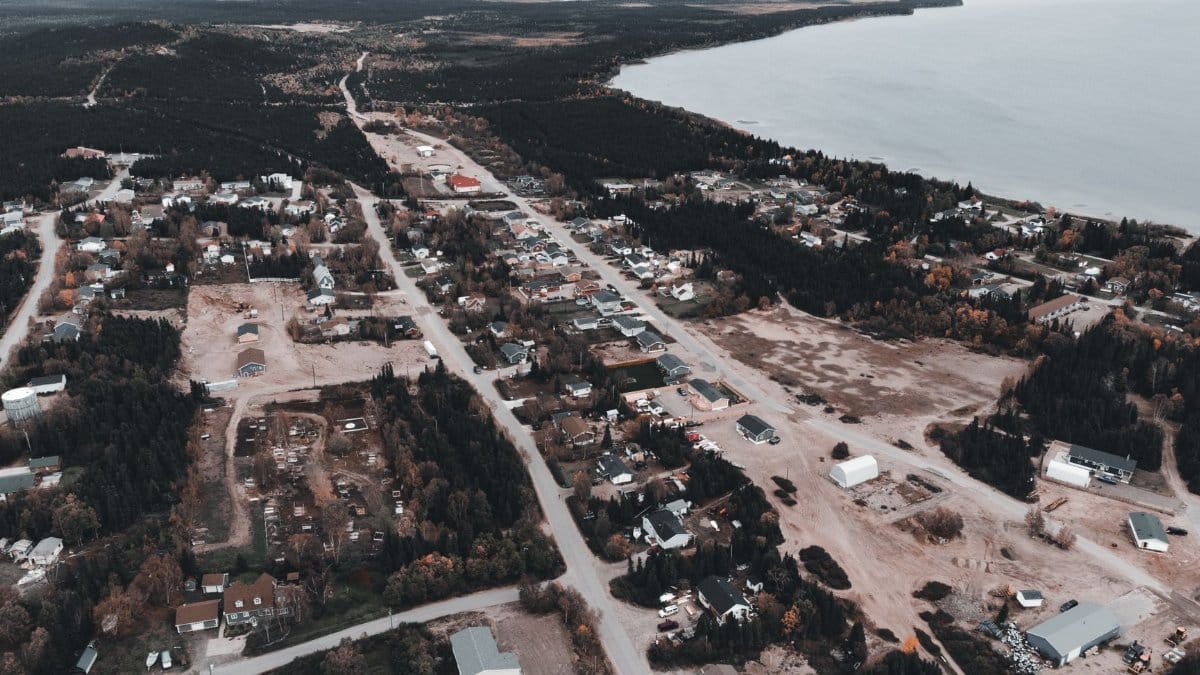 Drone capture of a scenic coastal town with forests meeting the seashore.