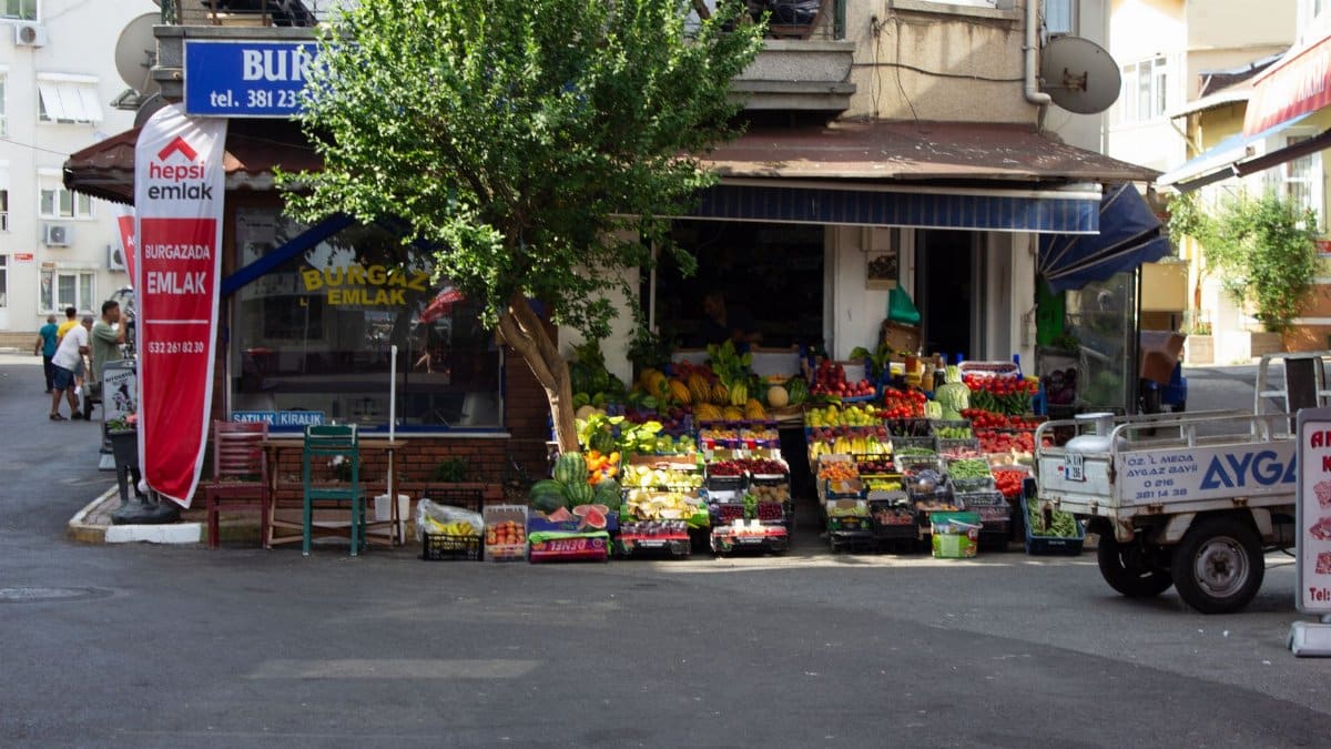 Charming local market stall offering colorful fresh produce in an urban neighborhood. Ideal for food and travel concepts.