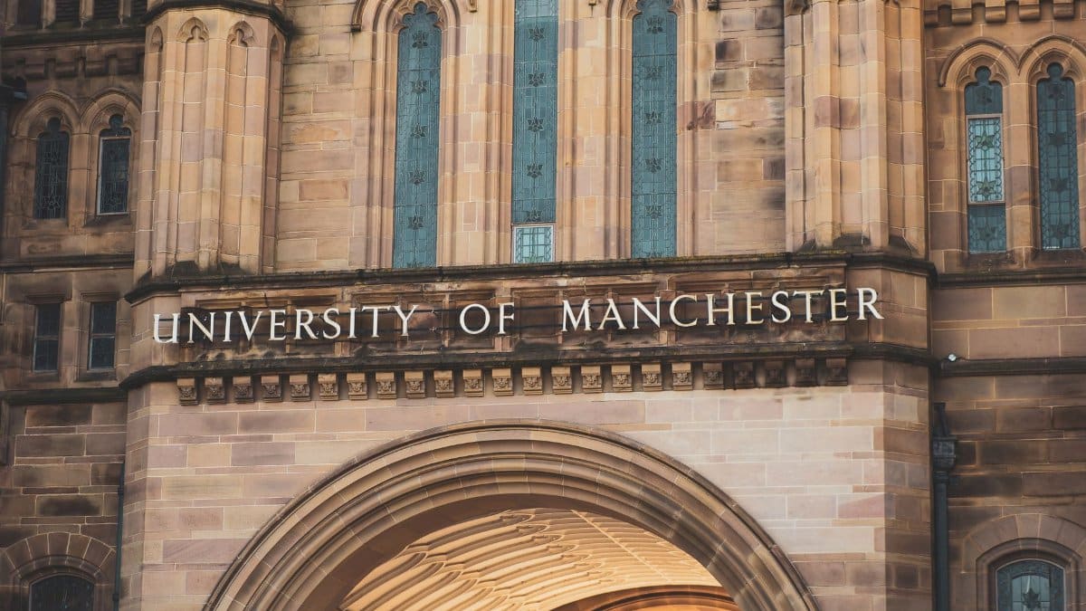 Close-up of the University of Manchester's architectural details with Gothic features.