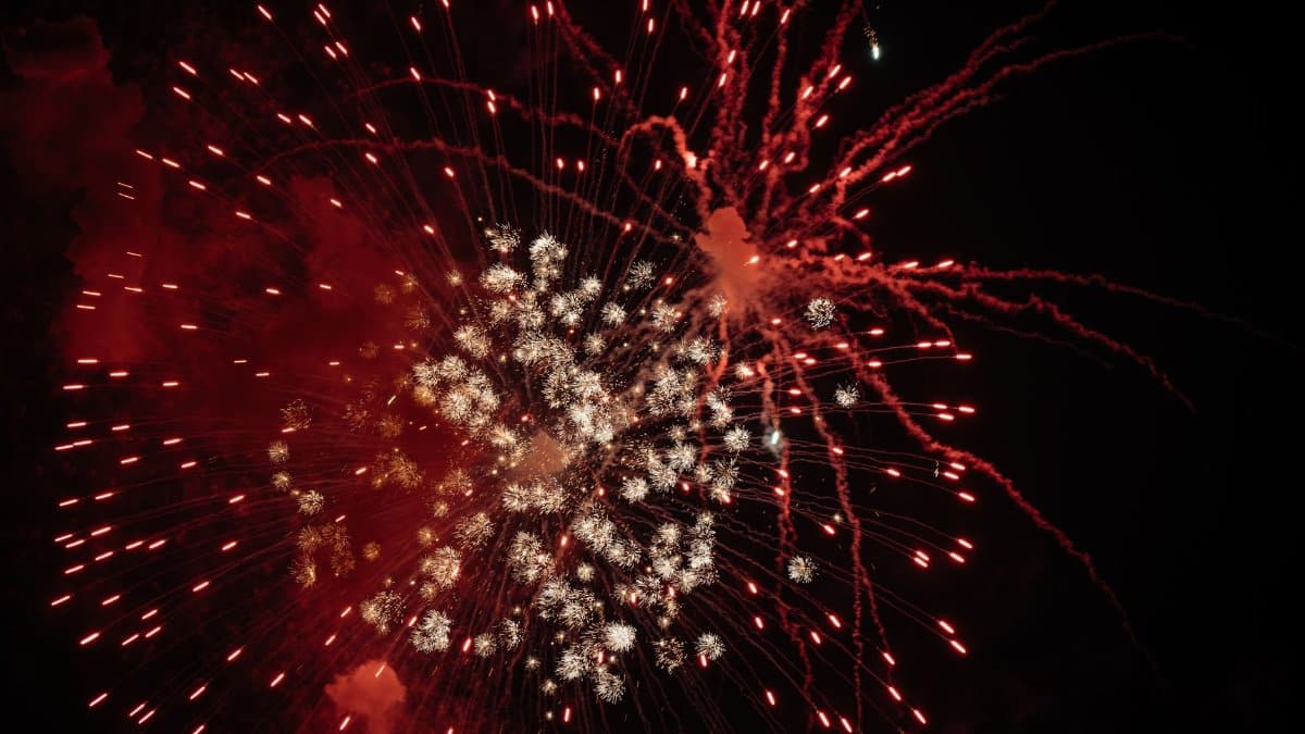 A dazzling display of red fireworks lights up the night sky, perfect for celebrations and holidays.