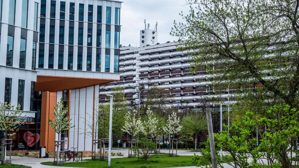 Contemporary buildings surrounded by lush spring greenery, blending urban and natural elements.