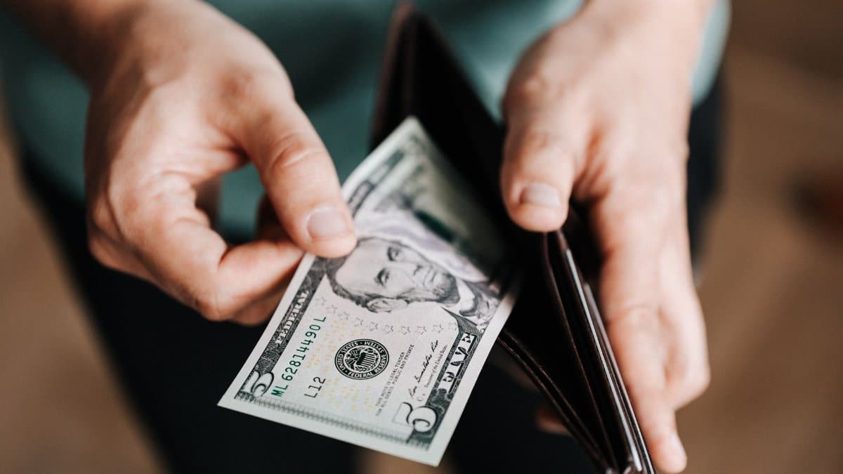 Closeup of crop male in casual clothes taking dollars out of wallet while paying in shop