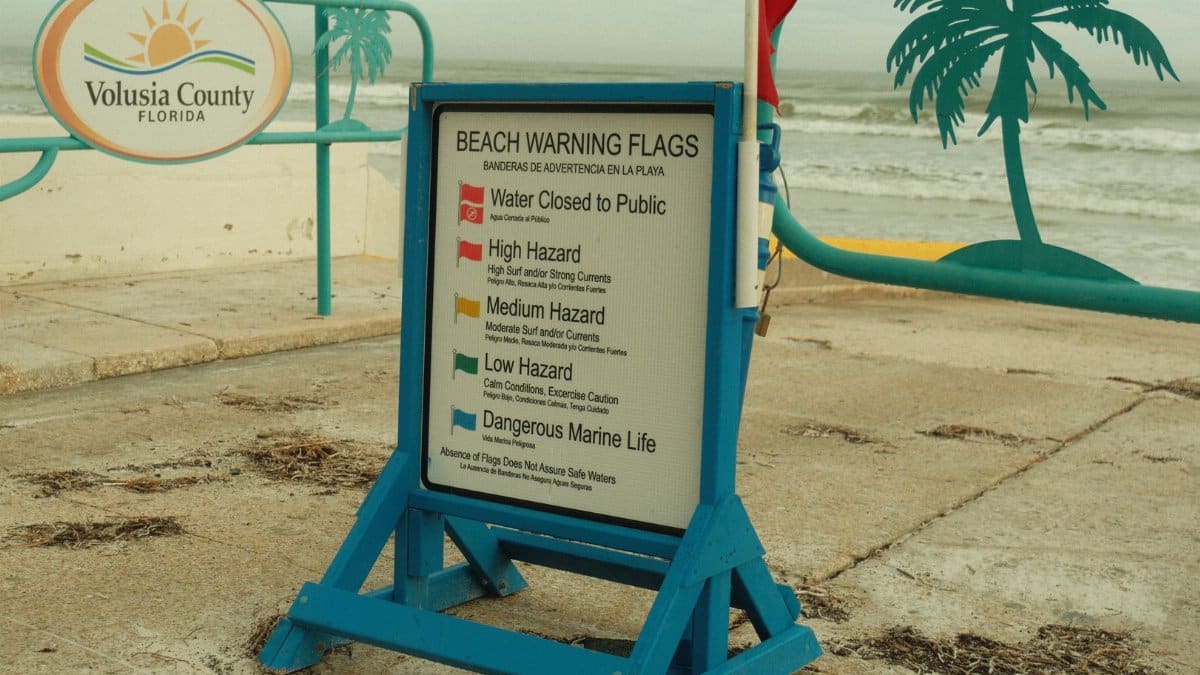 Beach warning flags sign in Volusia County, Florida, indicating hazard levels near public beach.