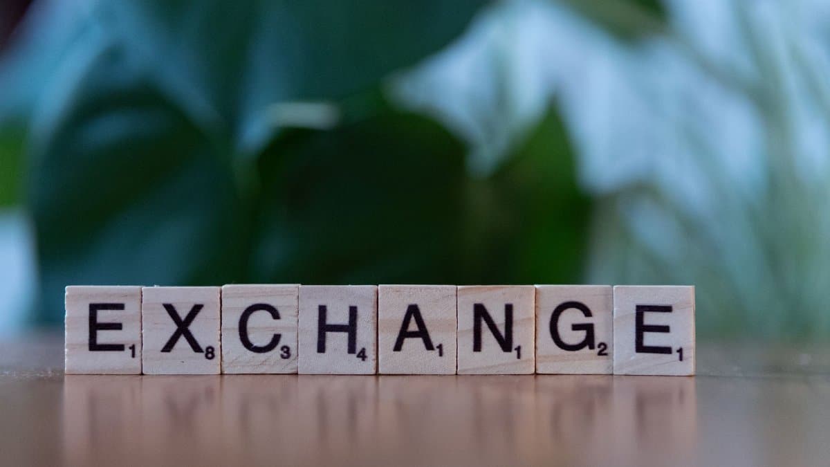 Wooden blocks spelling 'exchange' on a table with a blurred green background.