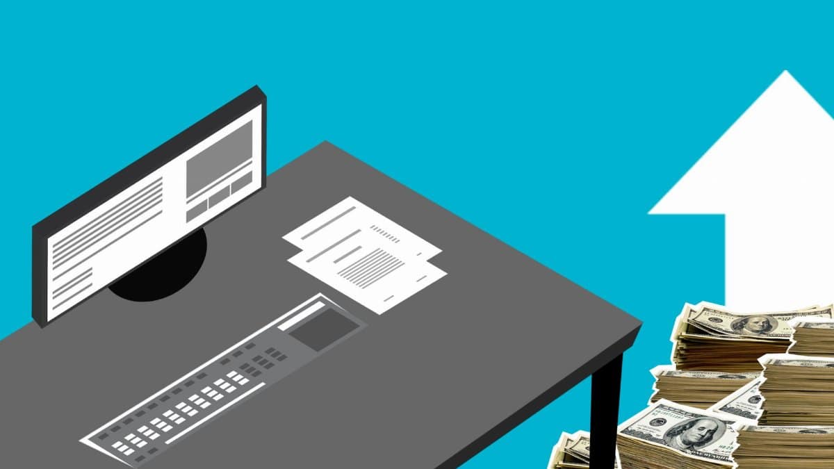 Illustration of modern computer and documents with cash and arrow up showing increase of incomes against blue background