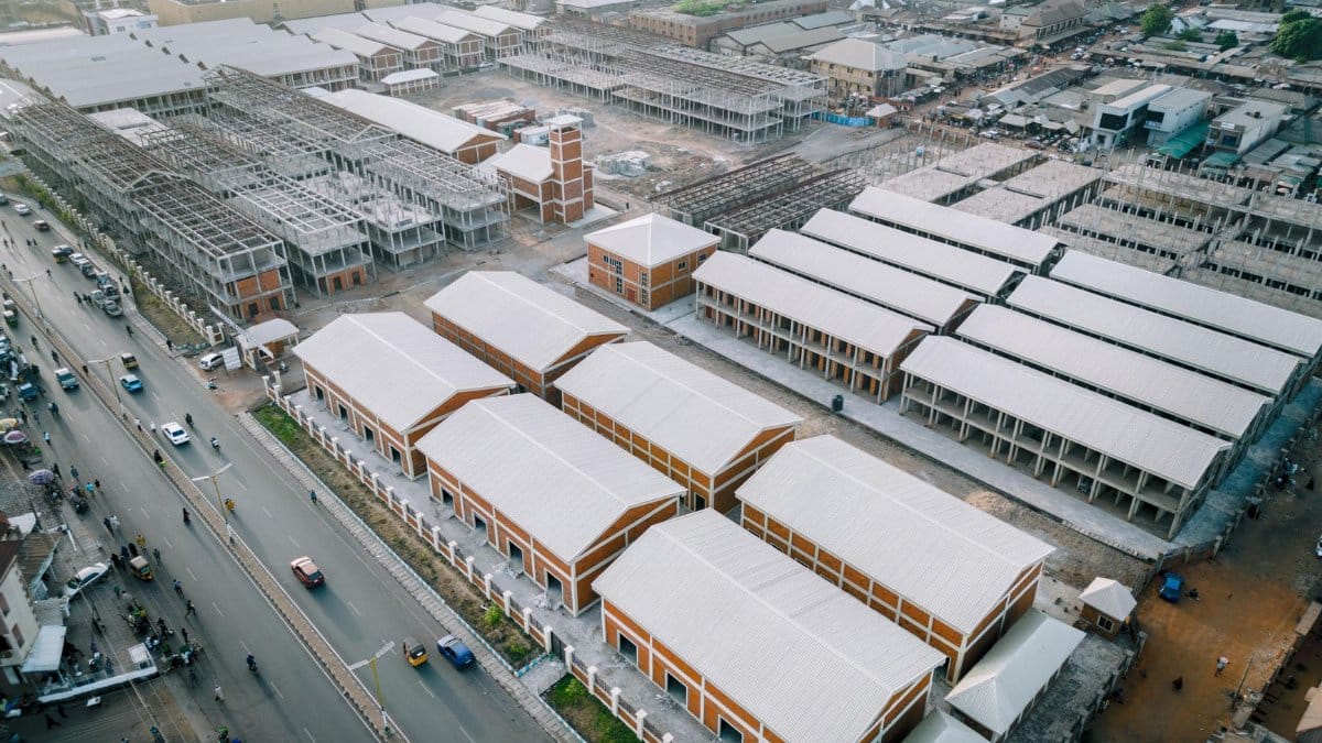 Aerial photo of new market construction in Kaduna, Nigeria, showcasing modern architecture.