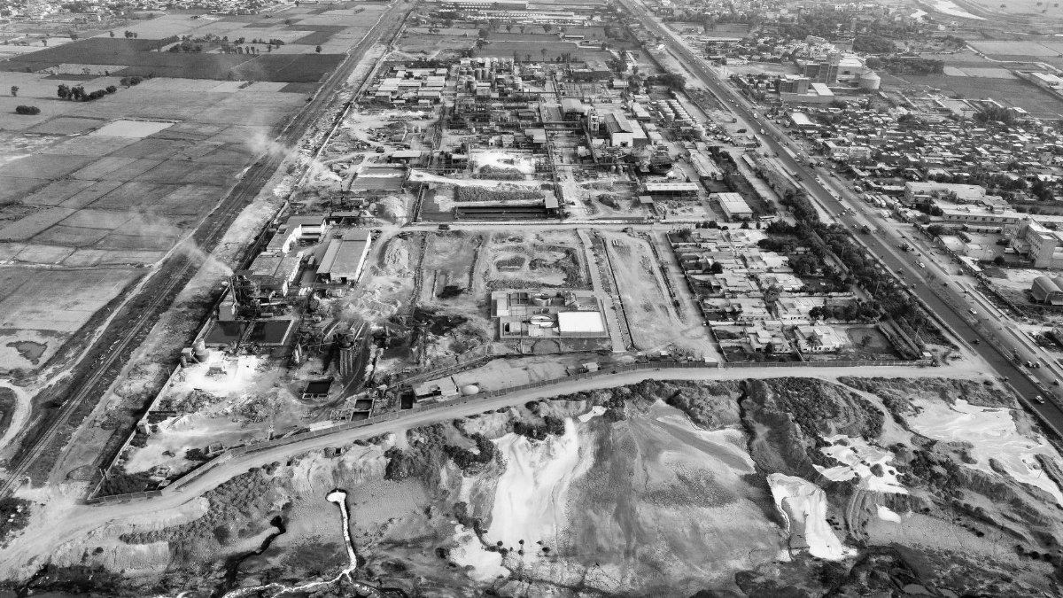 Aerial black and white photo of an industrial area in Kala Shah Kaku, Punjab, Pakistan.