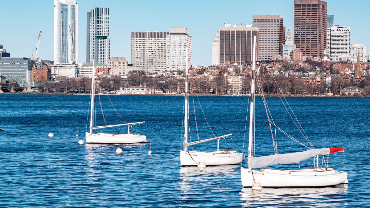 Captivating view of sailboats on Boston Harbor with the city's iconic skyline in the background.
