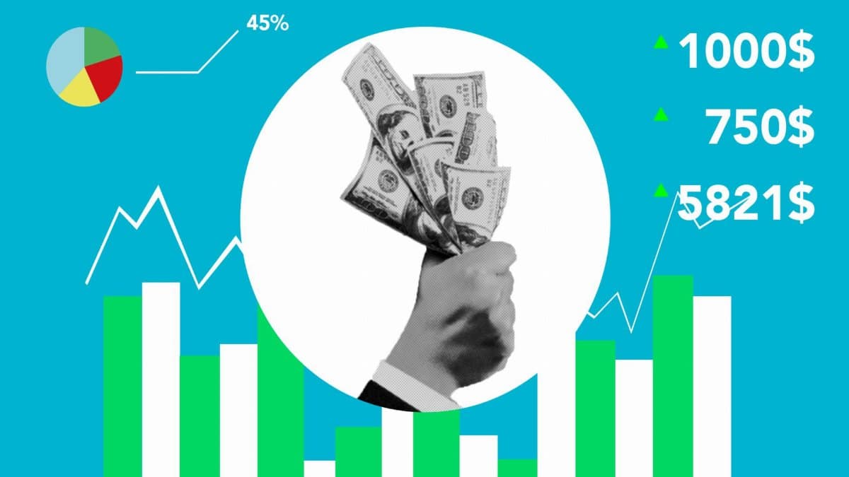 Decorative cardboard appliques representing hand with dollar banknotes and numbers above chart on blue background