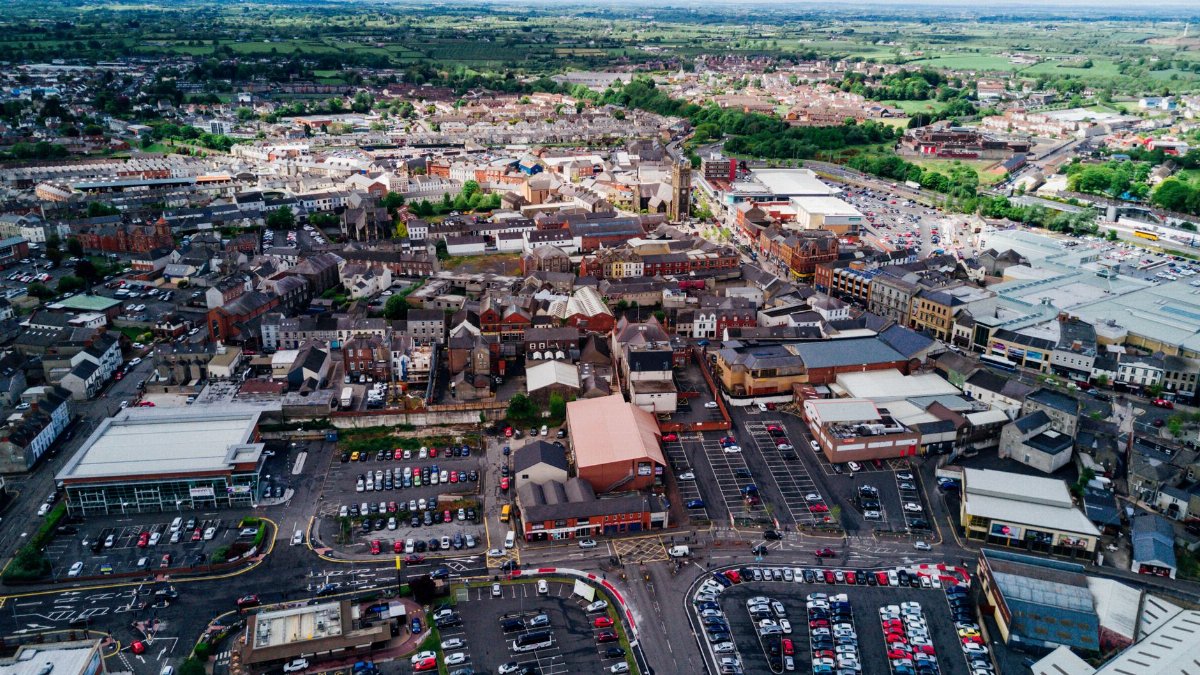 Drone shot capturing the urban landscape and architecture of Craigavon, Northern Ireland.