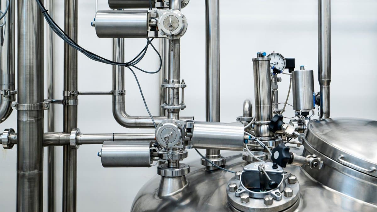 Close-up of stainless steel machinery and pipes in an industrial setting, showcasing modern engineering.