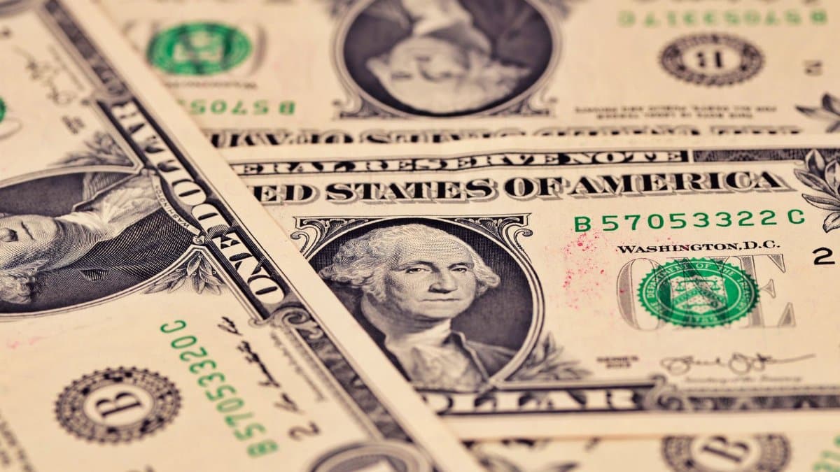 Detailed close-up of US one dollar bills showcasing intricate design and texture.