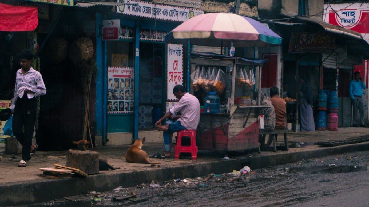 Vibrant street life in Old Dhaka showcasing local food stalls and daily hustle.