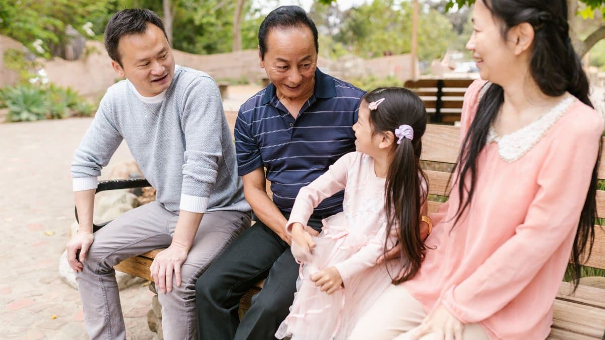 Family sitting on a wooden bench in a park, enjoying conversation and bonding.