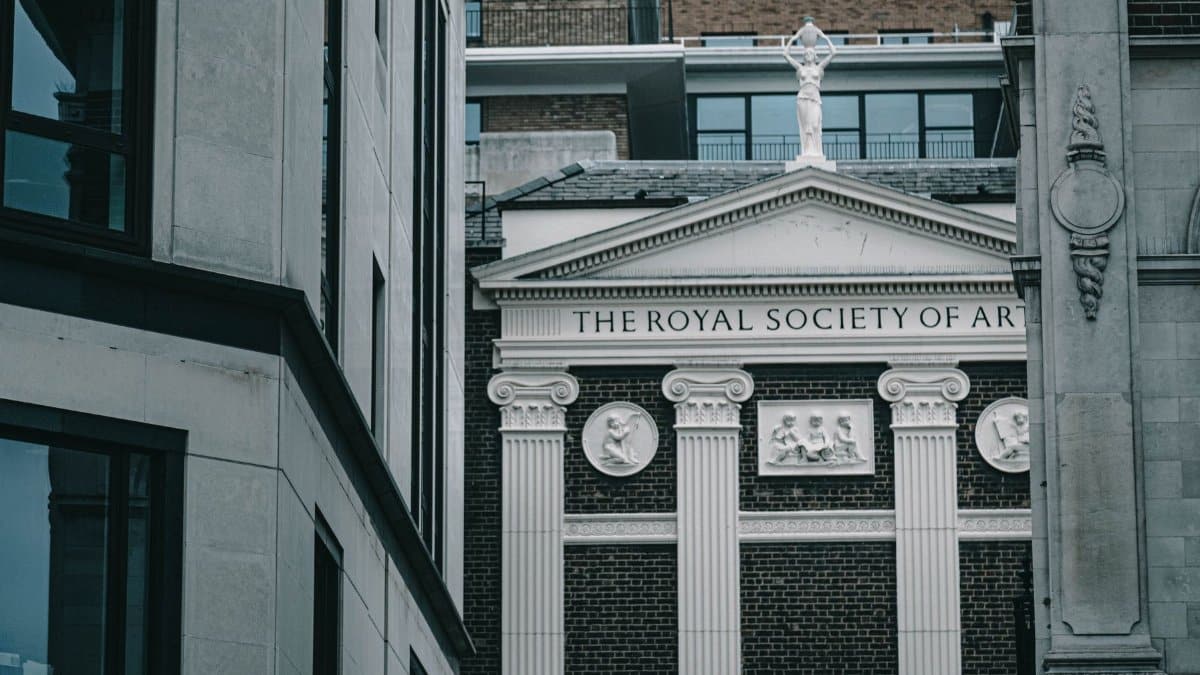 View of the historic Royal Society of Arts building in London, an iconic architectural landmark.