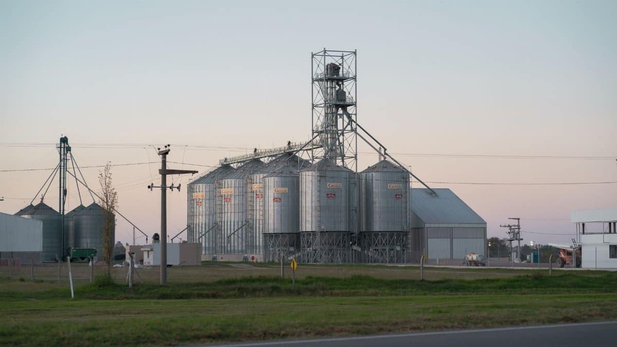 Metal grain silos alongside rural road in Hernando, Córdoba, Argentina at dusk.