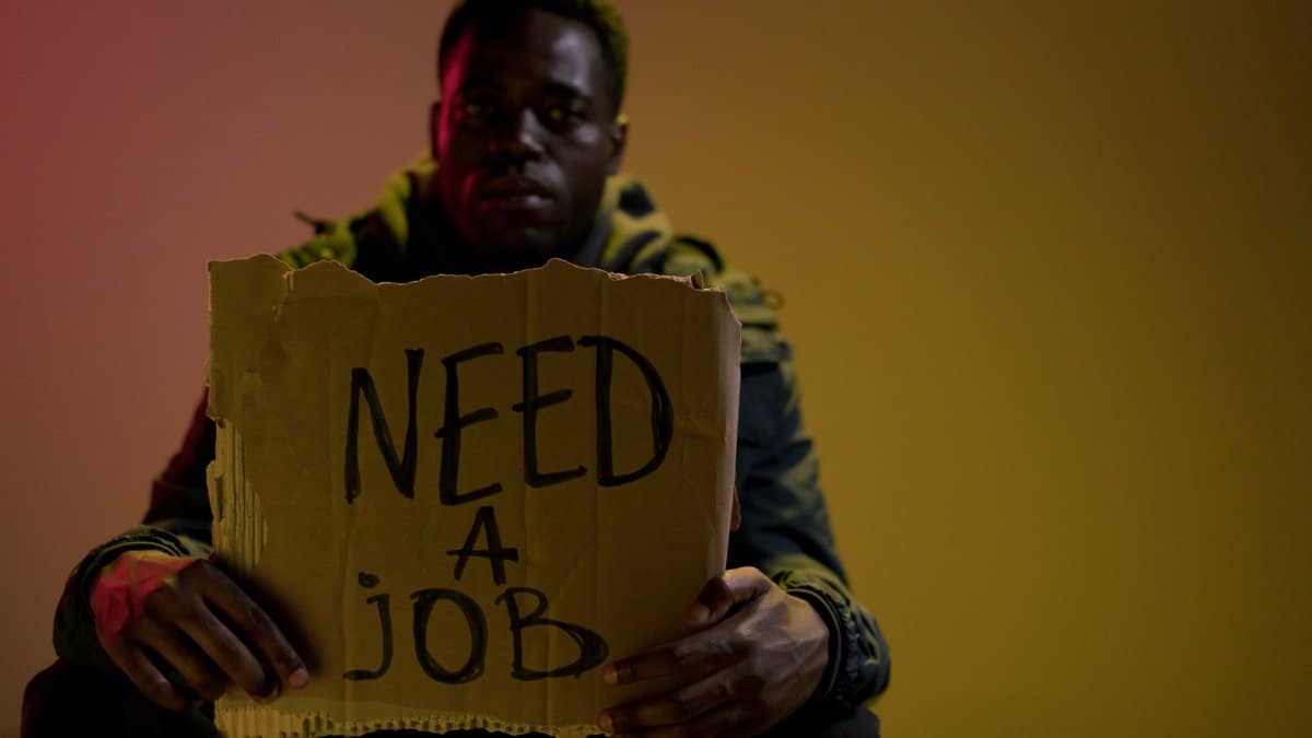 Man with a cardboard sign seeking employment, highlighting unemployment and social issues.