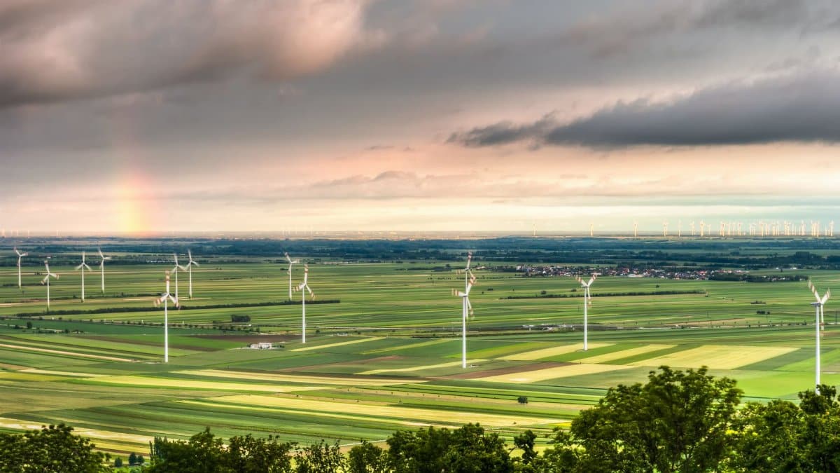 Beautiful aerial view of a wind farm in a lush countryside with a rainbow on the horizon, showcasing renewable energy and nature.