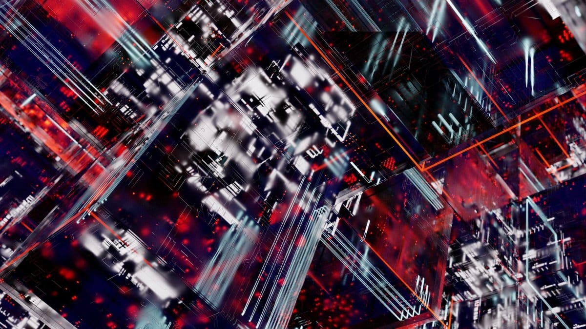 Abstract visualization of digital circuits and blockchain in vibrant colors.