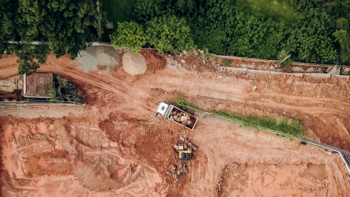 Aerial shot of construction activity in Parque Sao Miguel, Brazil.