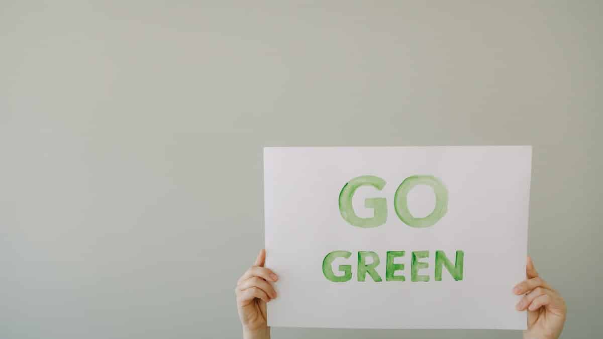 Image of hands holding a 'Go Green' sign to promote environmental awareness and sustainability.