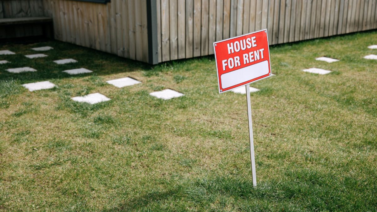 A red 'House for Rent' sign stands on a grassy lawn beside a wooden house exterior.