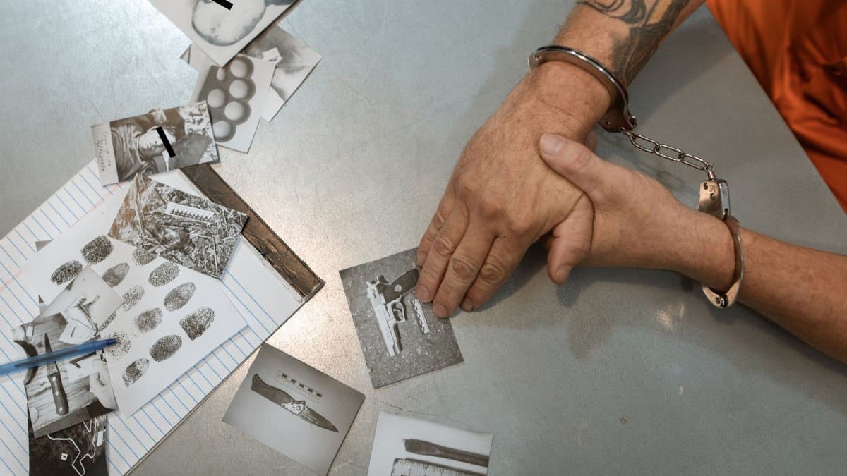 A handcuffed individual examines evidence photos and documents during an investigation.