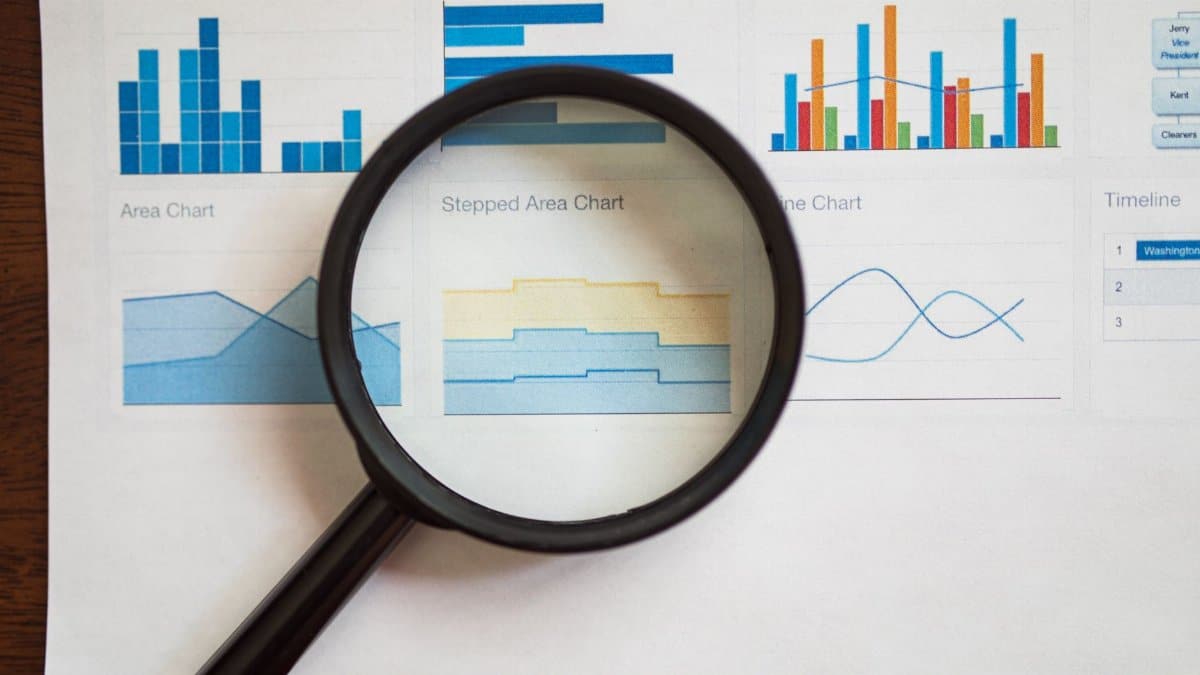 A magnifying glass focuses on various business charts and graphs on paper.