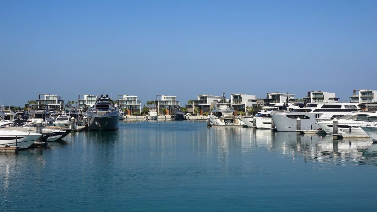 A scenic view of luxury yachts docked at a modern marina on a clear day.