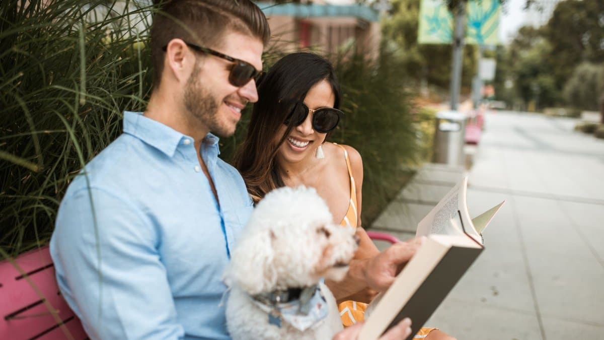 A cheerful couple reading on a bench outdoors with their white pet dog. Sunny day vibes.