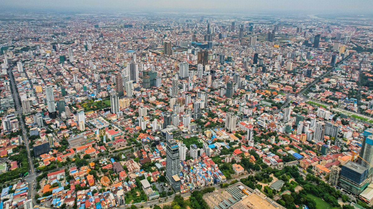 Stunning aerial view of Phnom Penh showcasing its bustling urban landscape and skyline.