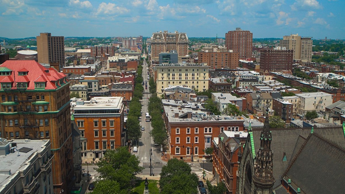 Aerial view of Baltimore city, showcasing its distinctive architecture and urban layout on a bright day.